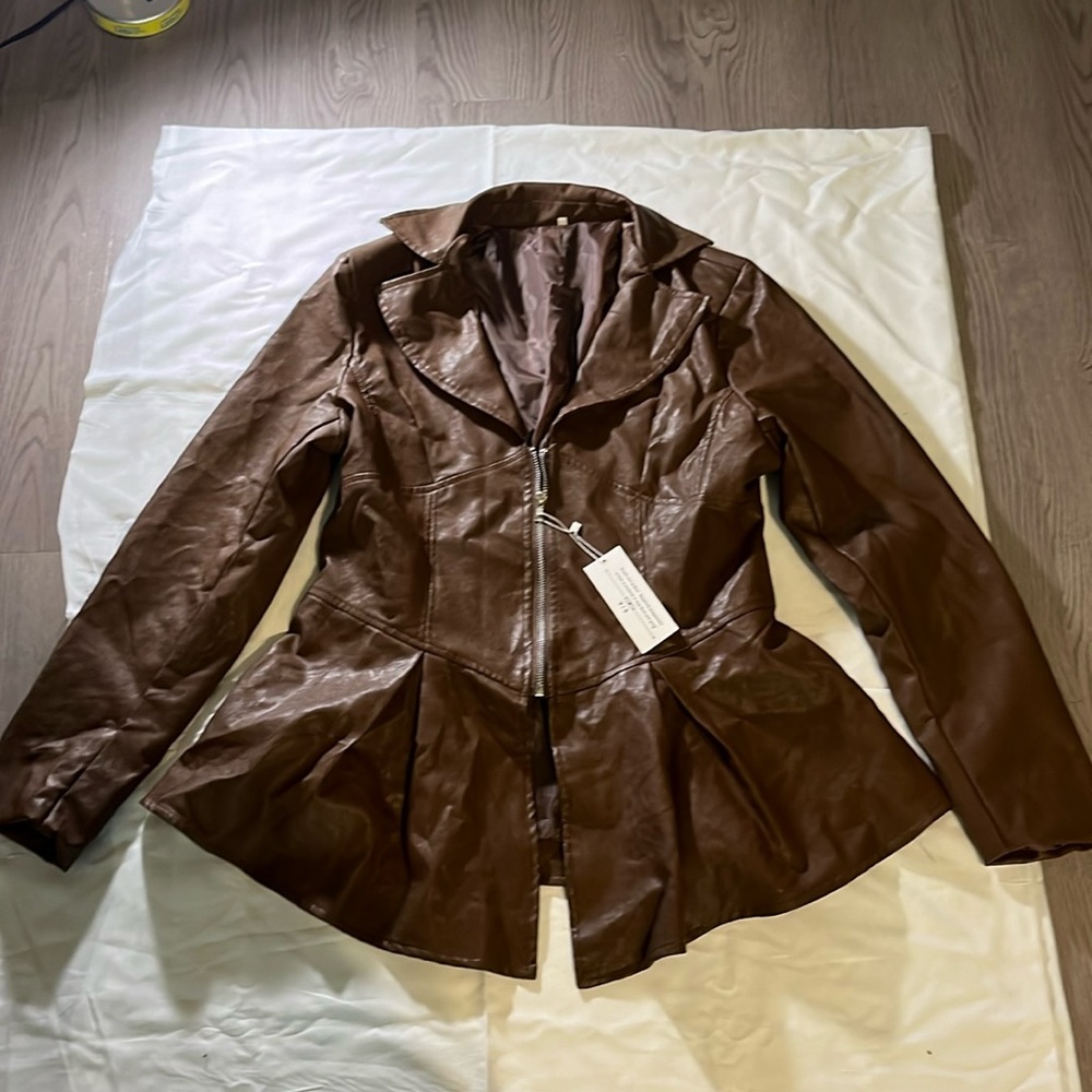 Faux Leather peplum Jacket- Brown